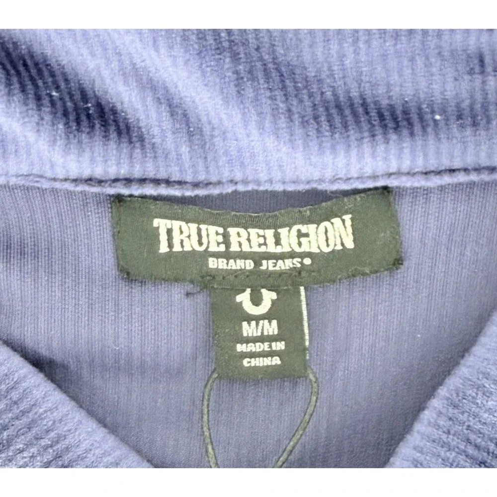True Religion SS Velour Polo Shirt NWT Blue Men's Medium Short Sleeve